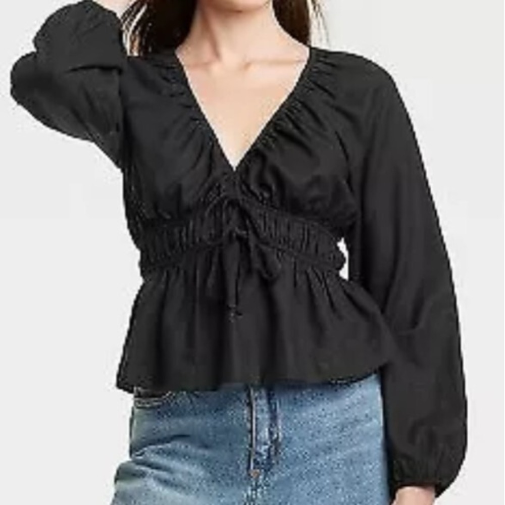 Women's Puff Long Sleeve Tie-Front Blouse - Universal Thread black SZ M